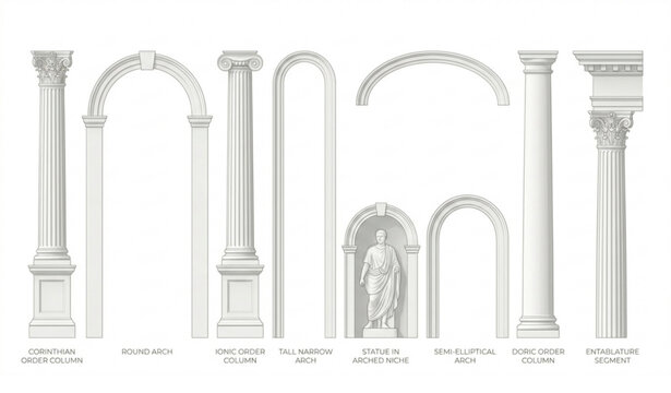 Modern Minimal Luxury White Stone Arches and Tall Decorative Columns Architectural Vector Set Isolated on White Background