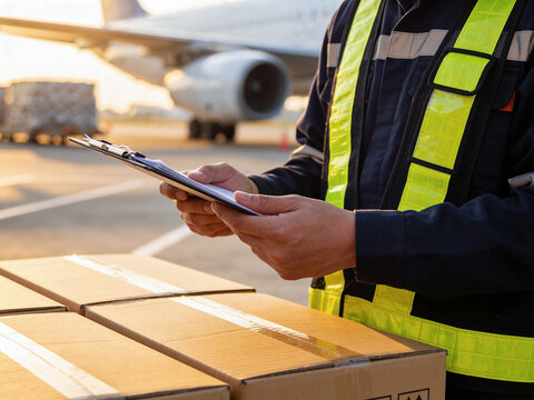 A logistics worker in a high-visibility vest checks documents on a clipboard at an airport runway.