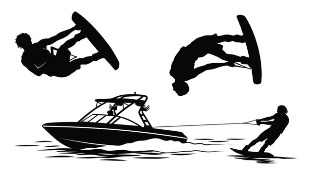Wakeboarders perform acrobatic jumps behind a motorboat in this dynamic action sports illustration.