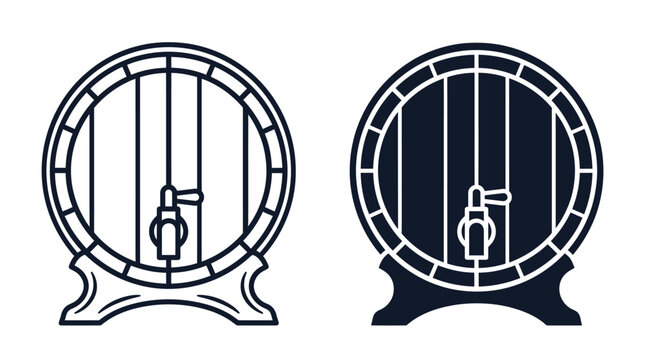 Minimalist vector illustration of a wooden barrel with a tap featuring bold clean black lines