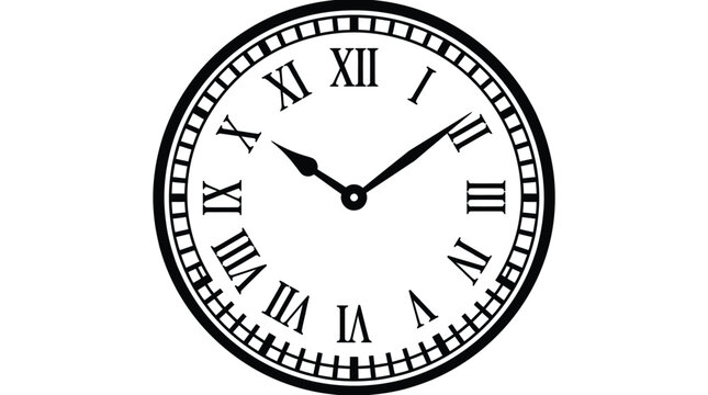 A clean black and white vector illustration of a classic round clock with roman numerals