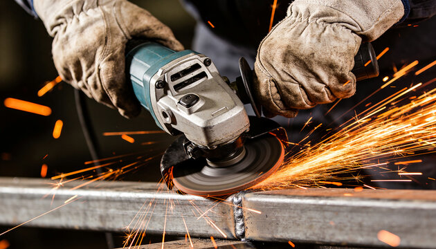 A close-up of a worker using an angle grinder on metal, creating bright sparks in a workshop.