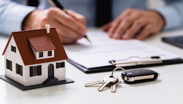A miniature house model sits next to keys on a desk where a person signs a formal contract document.