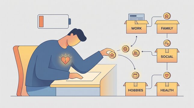 Man with low energy battery icon, distributing coins to work, family, social, and health boxes