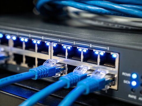 A close-up view of a network switch with several blue ethernet cables plugged into the port slots.