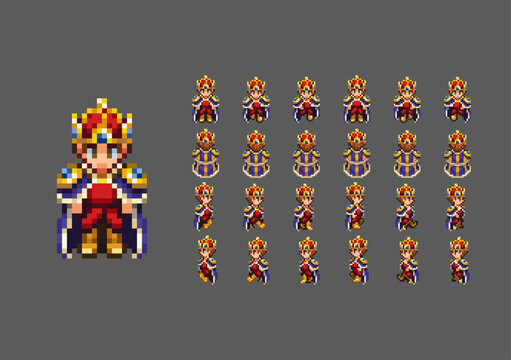 Retro rpg pixel art prince, young king walking sprite shown in miltiple views, game animation, npc roles, side view sprite sheets, fantasy world, medieval stories, npc roles