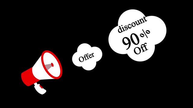 Red megaphone animation video with special offer text and 90 percent discount promotion cloud isolated on black background
