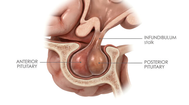 Detailed 3D anatomical illustration of the human pituitary gland, showing its anterior and posterior lobes and the infundibulum stalk, crucial for endocrine system regulation