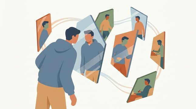 Man looking at multiple reflections of himself in fragmented mirrors, illustrating identity and self-perception