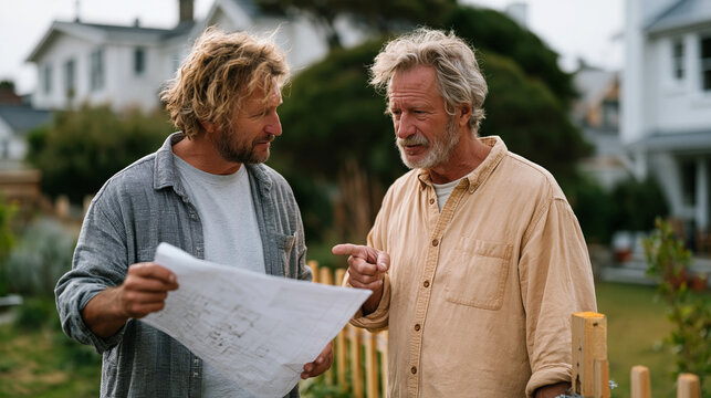 Two neighbors disputing a fence line while one holds a property survey map and the other points toward a boundary marker in a suburban backyard, FSBO property boundary conflict in
