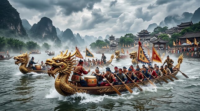 Dynamic Dragon Boat Race on a Scenic River with Traditional Chinese Architecture and Lush Mountains.