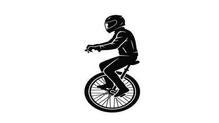 Unicyclist wearing a protective helmet and leather jacket rides a unicycle in a minimalist style. © Sadee Girl
