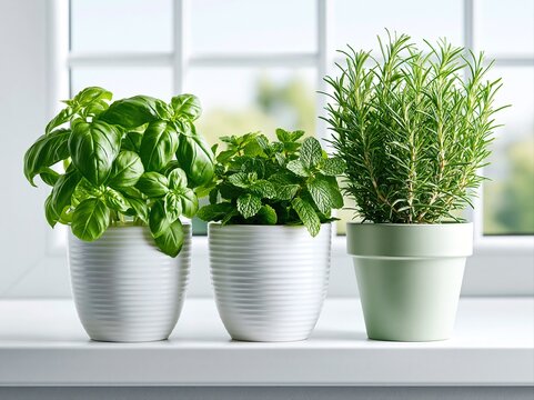 Herbs in pots sit on a windowsill with light coming through on a sunny day in a kitchen setting