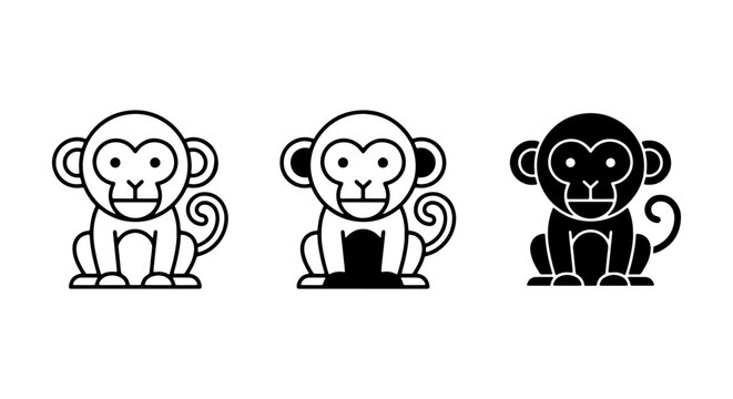 Cute Monkey Icons Set, Simple Cartoon Primate Vector Graphics, Playful Ape Illustrations, Adorable Animal Emblems