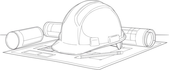 Construction helmet, blueprints, and pencil on a table © Rifat