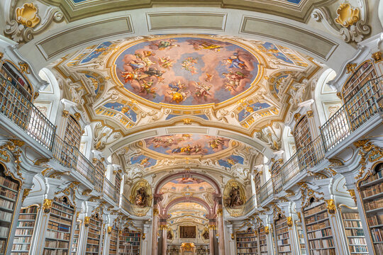 Admont Abbey Library ceiling fresco and baroque bookshelves