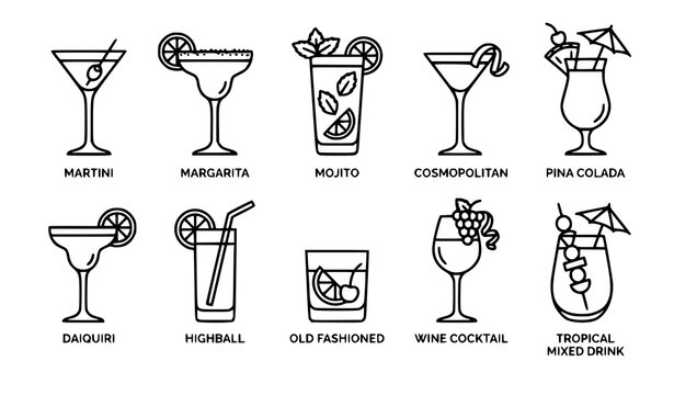 Cocktail Icon Collection Vector Set with Mixed Drink Glasses