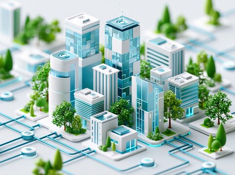 Cityscape with modern buildings and greenery in an organized layout with digital network designs