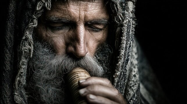 Jewish man in a tallit prayer shawl blowing the shofar horn for Rosh Hashanah
