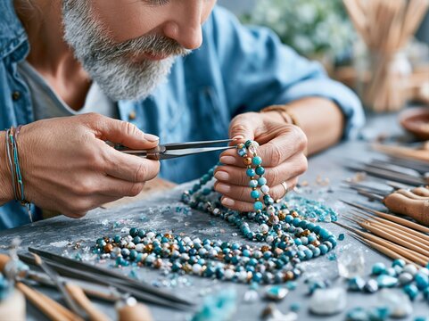 Crafting jewelry with beads and tools in a workspace at home during daytime hours