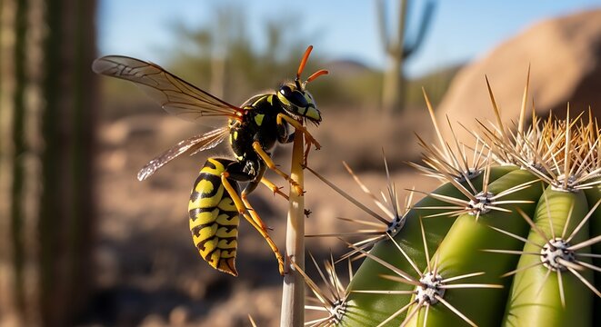 A yellowjacket wasp perched on a cactus spine in the desert