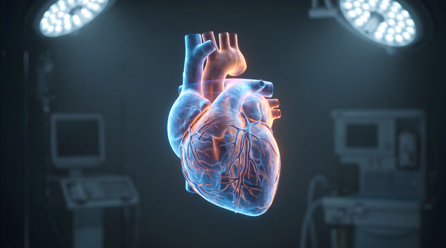 3D rendering of a human heart illuminated with a transparent overlay, showcasing its intricate details within a medical setting with surgical lights in the background