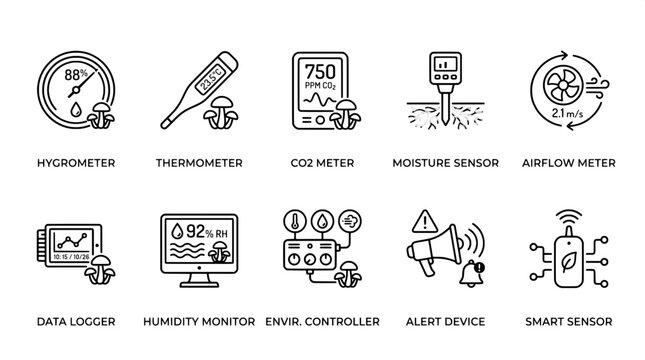 Environmental monitoring and sensor icons for mushroom farming with monitoring environmental mushroom hygrometer thermometer moisture humidity controller technology agriculture industry