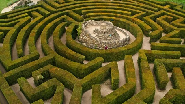 Aerial view of a person exploring a complex green hedge maze with a stone tower in the center