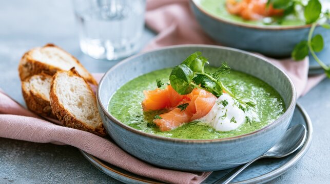 Sorrel soup with smoked salmon and sour cream.