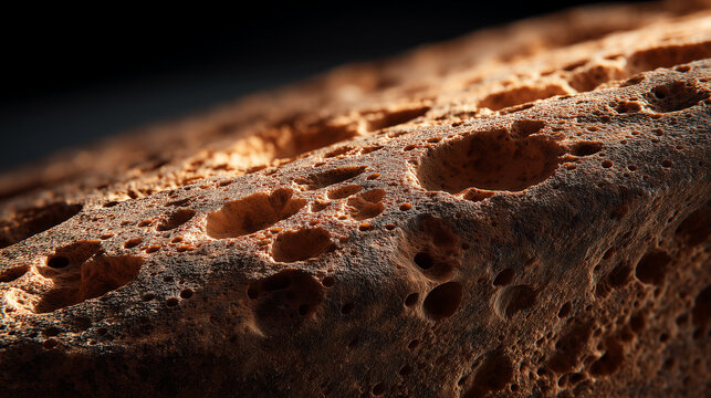 Close up of a weathered porous sandstone core sample lit by warm directional light showing eroded cavities and gritty mineral texture against darkness