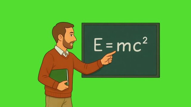 cartoon male physics teacher explaining theory of relativity on chalkboard green screen