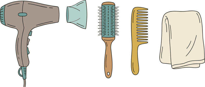 Hair Styling Tools Set Featuring Electric Blow Dryer Concentrator Nozzle Round Brush Wooden Comb And Soft Towel For Salon Marketing Vector Illustration