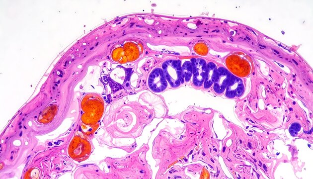 Histological cross-section of intestinal villi under microscope.