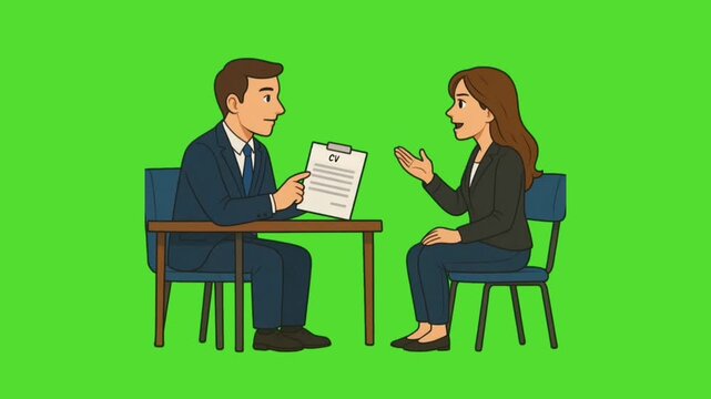 cartoon male recruiter interviewing female job candidate with cv on green screen