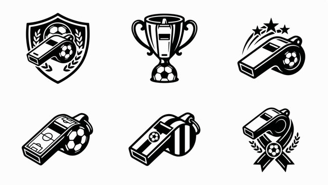 Soccer Referee Whistle and Trophy Vector Icons Set