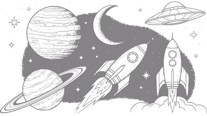 Retro space scene with planets, rockets, and ufo © Rifat