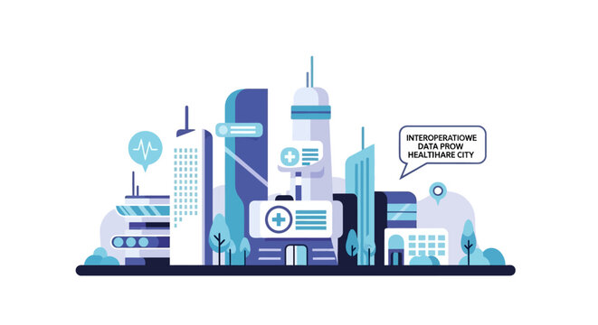 Futuristic Smart Healthcare City Illustration with Medical Data Flow and Interoperability Concept