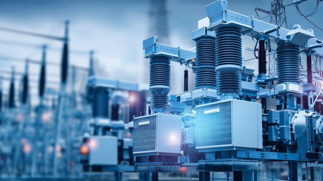 High voltage electrical substation with modern equipment for power distribution