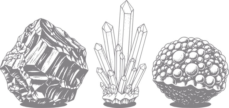 Three distinct mineral formations rough crystal, cluster, and geode