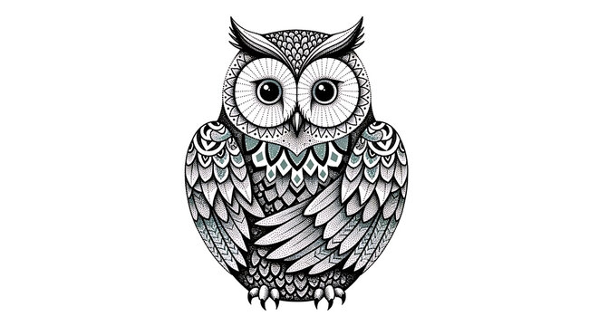 Detailed dotwork owl stipple isolated on a transparent background, stipple detailed black, and white intricate patterns