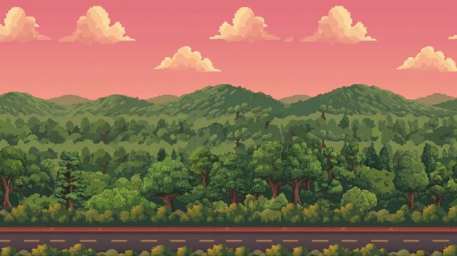 Pixel art 8-bit side scrolling forest highway landscape loop animation