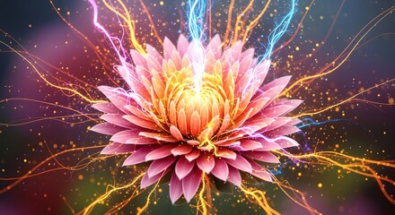 Obraz premium Vibrant abstract lotus flower radiating energy with glowing light particles and electric currents symbolizing enlightenment