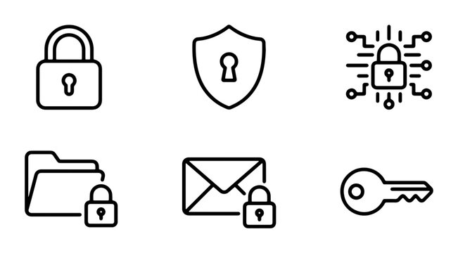 Cybersecurity Icons: Padlock, Shield, Key, Folder, Email, Digital Network Security Symbols for Data Protection and Access Control