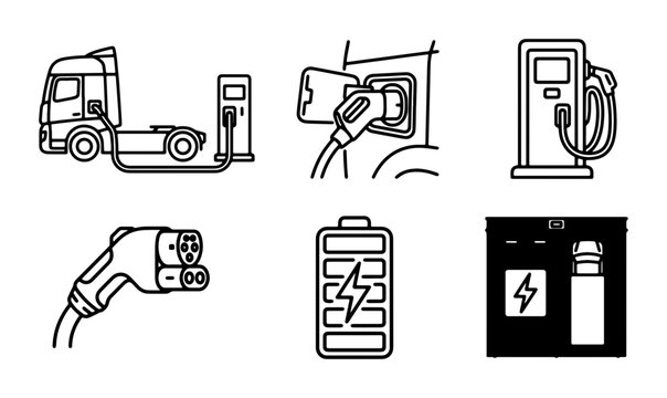 Electric Truck Charging Icons, EV Power Station, Battery Symbol, Energy Connector, Sustainable Transport Vector Set