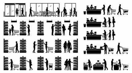Obraz premium Silhouette flat vector collection of supermarket grocery store architecture entourage elements with retail shelves and cashier counters