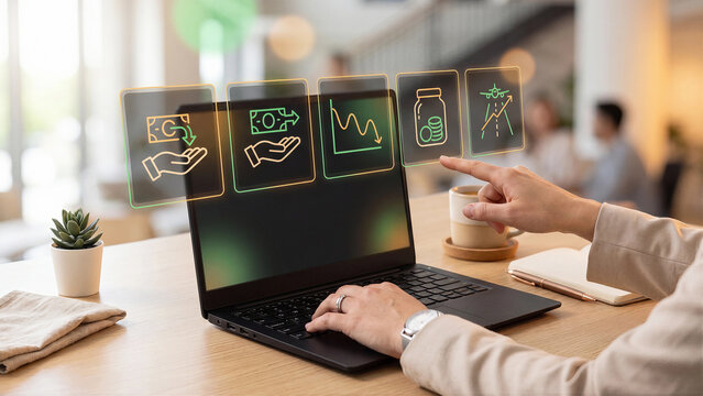 Woman planning personal budget recovery and travel savings goals on laptop with glowing icons defining cash refund, money transfer, expense decline, savings jar, and flight roadmap