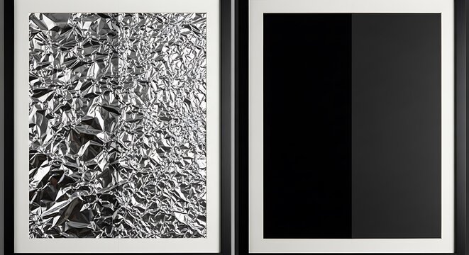 Two framed abstract art pieces with foil and black panels
