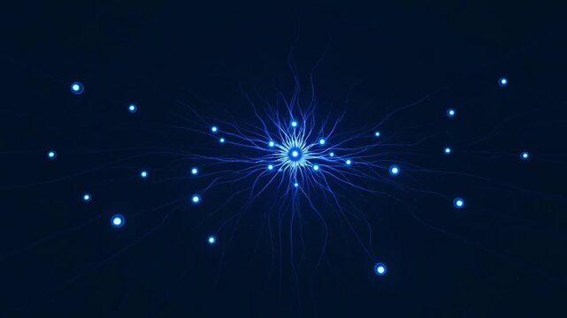 Abstract digital neural network connection with glowing blue nodes and lines in dark background.