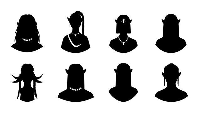Fantasy Elf Silhouette Icons, Magical Character Head Profiles, Mythical Creature Avatar Set, Dark Outline Portraits for Game Design and Fantasy Art