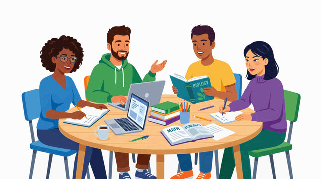 Diverse group of students collaborating on a school project at a round table with laptops books and notebooks